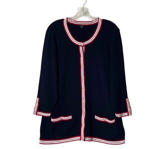 Talbots Womans Sz 1X Navy Textured Cardigan with Red & White Trim Pearl Buttons